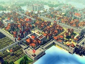 Kingdoms and Castles oyununda bir şehir ve birkaç binayı gösteren bir resim. 