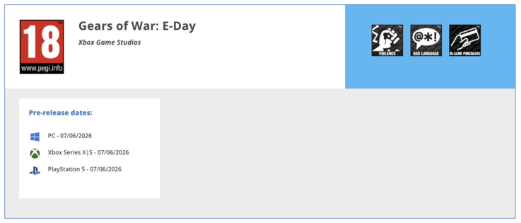 Gears of War: PEGI web sitesinde E-Day derecelendirmesi.