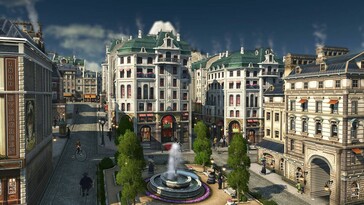 Anno 1800'de modern bir şehri ve binaları gösteren bir görüntü.