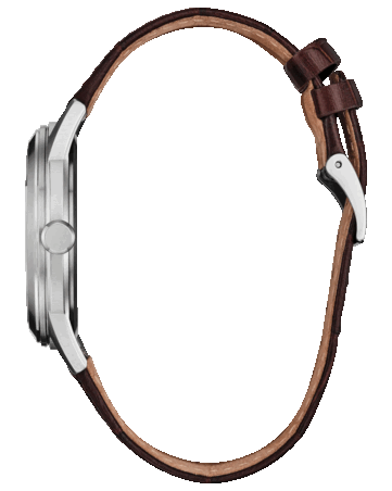 Citizen Rolan AW2110-14Z modelinin yan görünümü; paslanmaz çelik kasası, kurma kolu ve deri kayışı görülüyor.