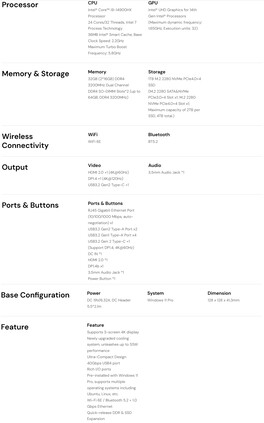 Matrix M5 mini PC'nin teknik özellik sayfası