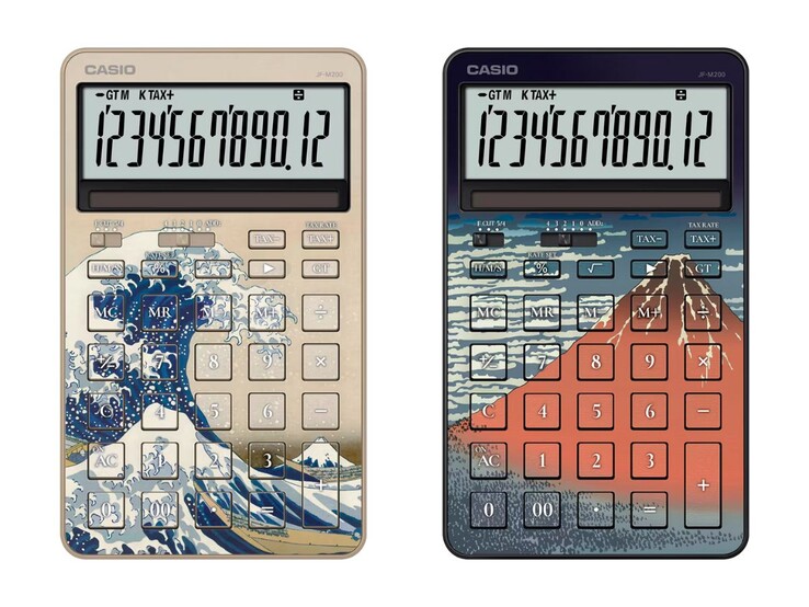 Casio Hokusai'den ilham alan JF-M200-TJ-KHK (solda) ve JF-M200-TJ-KHG (sağda) hesap makineleri. (Resim kaynağı: Casio)