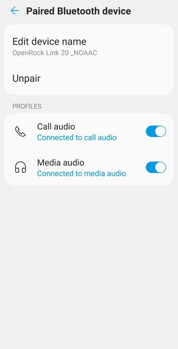 Android Bluetooth ayarlarında OpenRock Link 20 adına '_NOAAC' eklenmesi, kulaklığı AAC yerine SBC ses codec'ini kullanmaya zorlar. (Resim kaynağı: Notebookcheck)