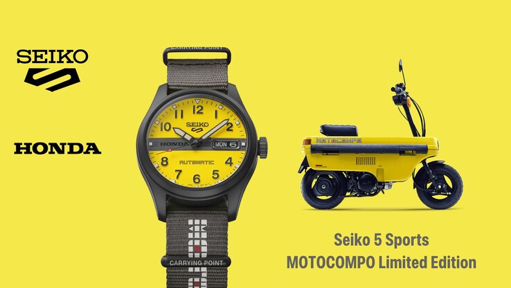 Seiko 5 Sports Field x Honda Motocompo'yu Motocompo scooter ile birlikte gösteren infografik.