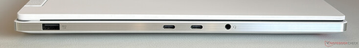 Sol taraf: USB-A 3.2 Gen.1 (5 Gbps, güçlendirilmiş), USB-C 4.0 (40 Gbps, DisplayPort 2.1, güç dağıtımı 3.1 140W), USB-C 4.0 (40 Gbps, DisplayPort 2.1, güç dağıtımı 3.0 100W), 3,5 mm stereo jak