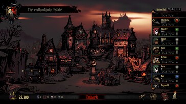 Darkest Dungeon'da bir şehri gösteren bir görüntü. 