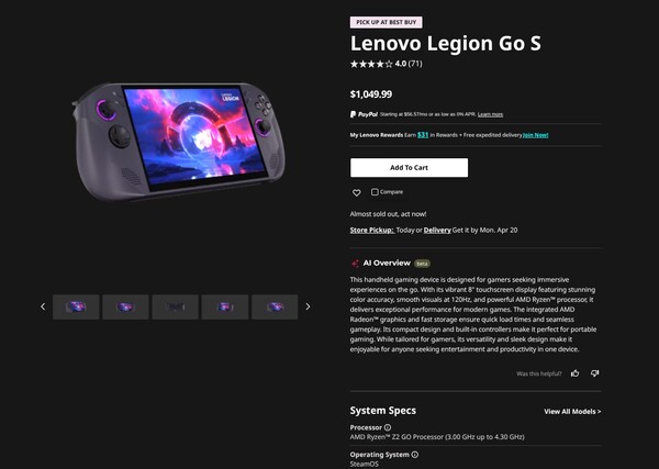 SteamOS'lu Legion Go S'in fiyatı 450 dolar artırıldı.