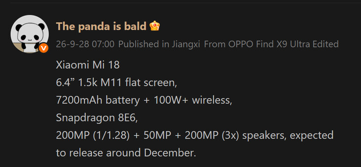 The Panda Is Bald'ın standart Xiaomi 18 hakkındaki haberi (makine çevirisi)