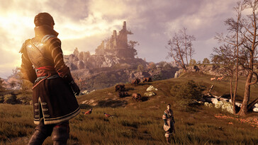 GreedFall'da bir manzara ve iki karakteri gösteren bir görüntü.