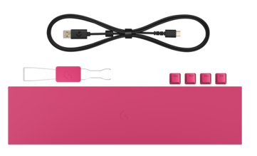Kutu içeriği, el dayama yeri, tuş çıkarma aleti, çıkarılabilir 1,8 m USB-A - USB-C kablosu, ayrı tuş kapakları ve klavyenin kendisinden oluşur.