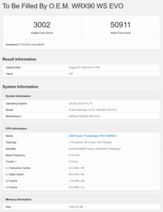 Threadripper Pro 9995WX Geekbench 7 puanı