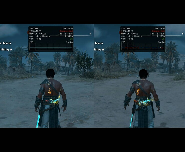 iPhone 18 Pro Max ve iPhone 17 Pro Max'te çalışan Assassin’s Creed Mirage, FPS farkını gösteriyor.