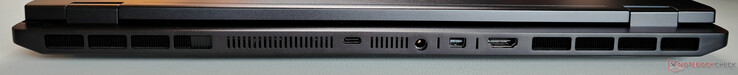 Arka kısım: USB-C 4.0 (40 GBit/s, iGPU üzerinden DisplayPort 2.1, 140W Güç Dağıtımı), güç kaynağı ünitesi, Mini-DisplayPort 2.1 (dGPU üzerinden, DP40/UHBR10, VRR/G-Sync), HDMI 2.1 (dGPU üzerinden, 48 GBit/s, HDCP 2.3, VRR/G-Sync)