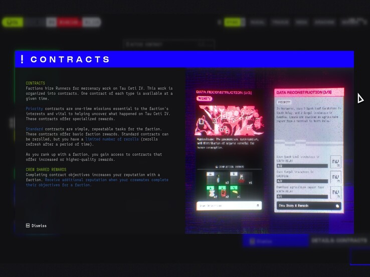 Marathon'un sözleşmeler ekranı, Öncelikli ve Standart işler arasındaki ayrımı ana hatlarıyla belirtirken, grup ödüllerini, reroll'leri ve mürettebat tarafından paylaşılan itibar kazanımlarını vurguluyor.