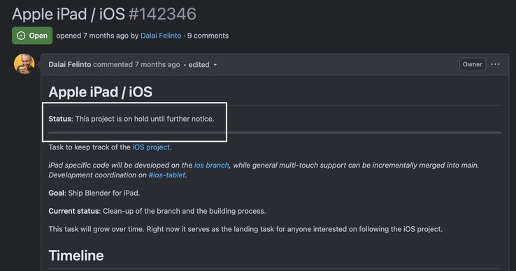 Blender, iPad projesinin şu anda beklemede olduğunu belirtti.