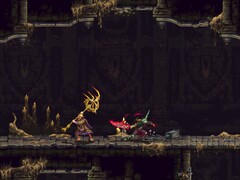 Blasphemous 2’de Tövbe Eden Kişi ile bir düşmanın yer aldığı bir görsel.