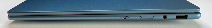 Sağ: web kamerası eShutter, güç düğmesi, 3,5 mm ses, USB-A 3.2 Gen 1 (5 GBit/s)