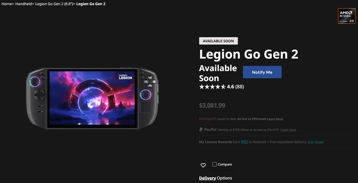 Lenovo'nun web sitesindeki Legion Go 2 ürün listelemesi.