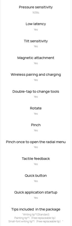 Huawei, web sitesinde M-Pencil Pro'nun özelliklerinin bir listesini sunuyor.