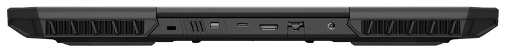 Arka kısım: Kablo kilidi yuvası, mini Displayport 1.4a (G-Sync), USB 3.2 Gen 2 (USB-C), HDMI 2.1, Gigabit Ethernet, güç konektörü
