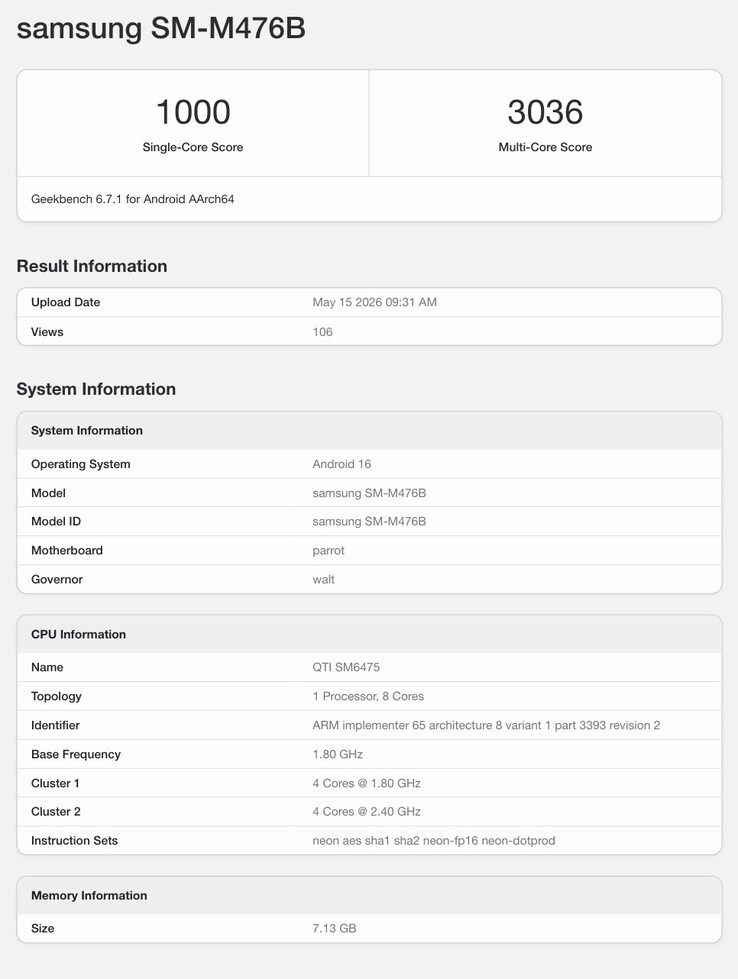 Galaxy M47 5G modelinin Geekbench'teki kaydı.