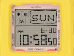 Casio Baby-G BGD-10KPM-7, üzerinde yeterli miktarda bilgi bulunan, kareye yakın bir dijital kadrana sahiptir.