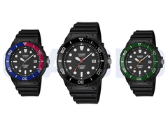 Soldan sağa doğru resimde görülen modeller: Casio MRW-240H-1E1JF, MRW-240H-1E2JF ve MRW-240H-1E3JF.