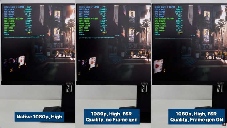 RX 7400 / Intel Core i7-10700 kurulumunda CyberPunk karşılaştırması.