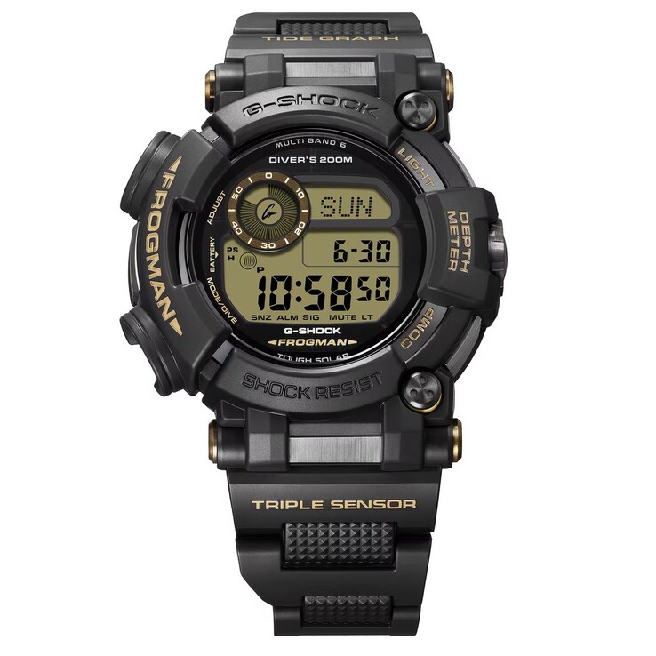 Casio G-Shock Frogman GWF-D1000BC-1JF, tamamen siyah kasaya, bej renkli detaylara ve metal ile reçineden oluşan bir kordonuna sahiptir.