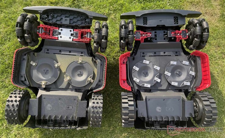Dreame A3 AWD Pro (solda) daha sağlam bir ön süspansiyona sahipken, Mova LiDAX Ultra AWD (sağda) iki kat daha fazla pervaneye sahiptir.