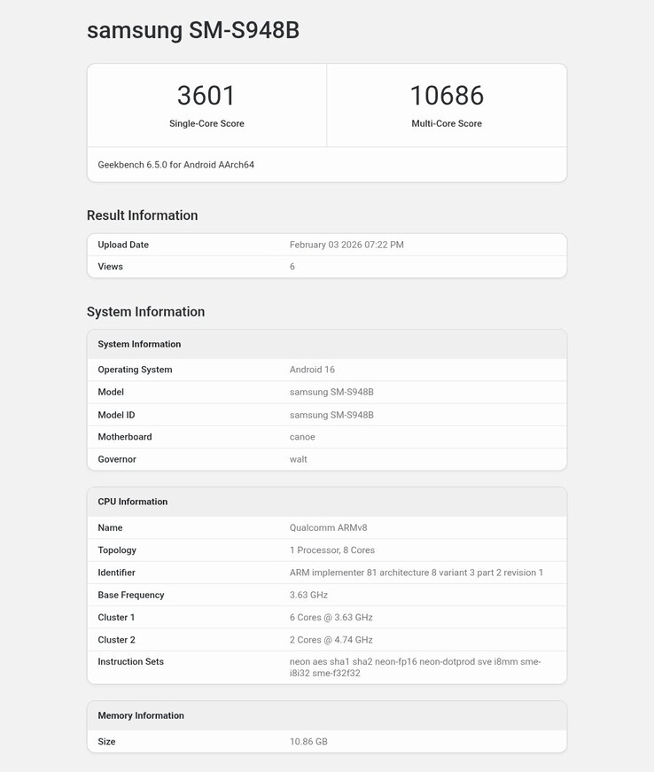 Samsung Galaxy S26 Ultra Geekbench sonucu.