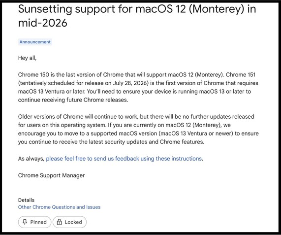 Chrome 150, Google Chrome'un macOS Monterey'i destekleyen son sürümü olacak.  (Resim kaynağı: Google)