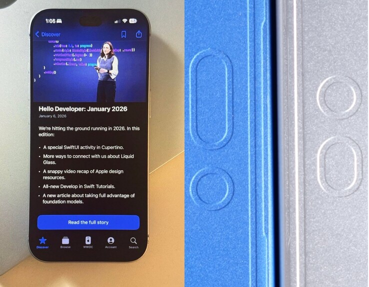 İddia edilen iPhone 18 Pro prototipi (solda), iPhone 18 Pro Max tasarım modeli (sağda).