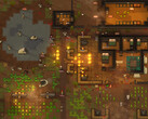 Ateşler, hayvanlar ve binalarla birlikte saldırı altındaki bir koloniyi gösteren RimWorld oynanış ekran görüntüsü.