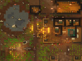 Ateşler, hayvanlar ve binalarla birlikte saldırı altındaki bir koloniyi gösteren RimWorld oynanış ekran görüntüsü.