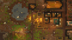 Ateşler, hayvanlar ve binalarla birlikte saldırı altındaki bir koloniyi gösteren RimWorld oynanış ekran görüntüsü.
