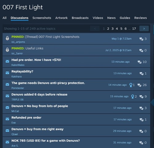 007 First Light Steam forumundaki Denuvo şikayetleri