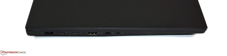 Left: slim-tip power connection, 2x Thunderbolt 3, HDMI, mini-Ethernet, audio combo