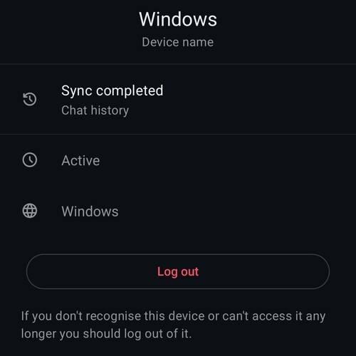 Bağlı bir WhatsApp cihazının ayrıntılı görünümü; cihaz adı, durumu ve kırmızı bir oturumu kapatma düğmesi gösterilmektedir