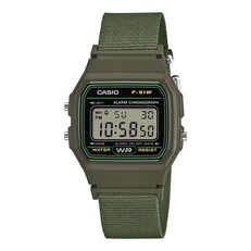 Zeytin yeşili kasalı ve uyumlu dokuma kumaş kayışlı Casio F-91WF-1A dijital saat.