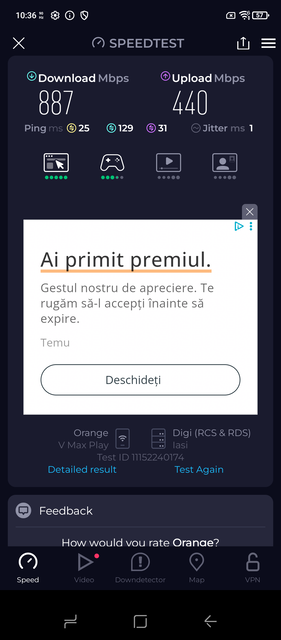 Ookla Speedtest, 2. çalıştırma - farklı sunucu (Resim kaynağı: Ekran görüntüsü - Sergey Tarasov - Notebookcheck)