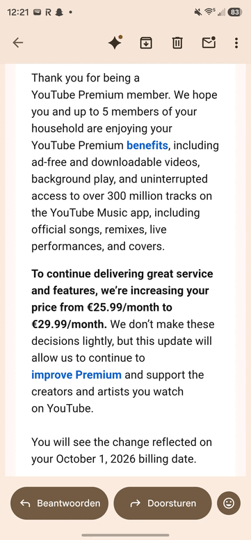 YouTube Premium aile aboneliği fiyat artışına ilişkin e-posta