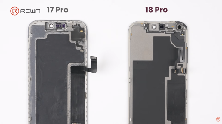 iPhone 17 Pro ile iPhone 18 Pro karşılaştırması; yeni düzeniyle ekran panelinin arka yüzü gösterilmektedir.