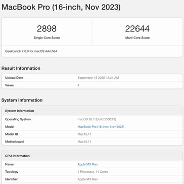 Apple M3 Max Geekbench 7 sonucu.