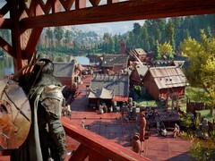 Crimson Desert kahramanı Kliff bir kasabaya bakıyor.