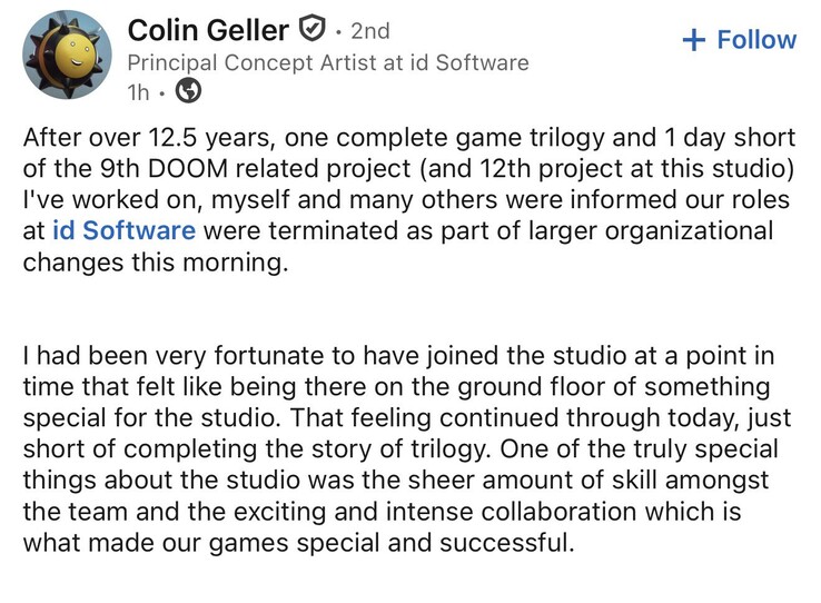 Modern Doom’un sanat yönetmenliğini şekillendiren Colin Geller de işten çıkarıldı