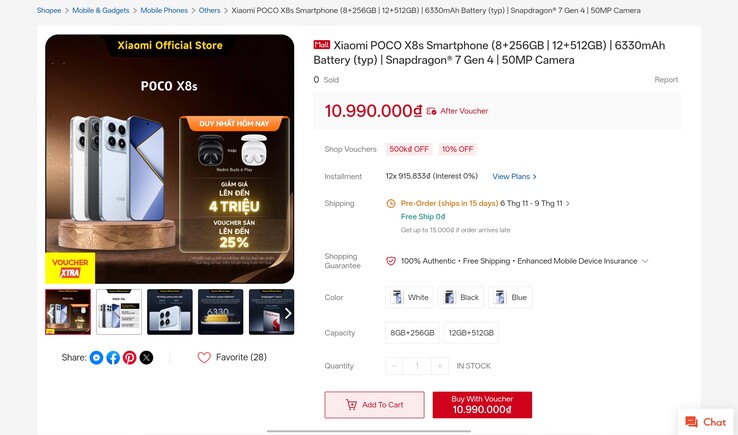 Poco X8s'in Xiaomi'nin Vietnam'daki resmî Shopee mağazasında görünen ilanı