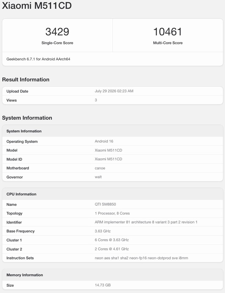 İddia edilen Redmi K100 Pro'nun Geekbench listesi.