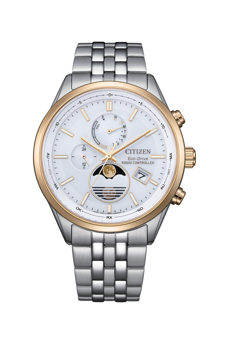 Beyaz kadranlı, iki renkli paslanmaz çelik bilezikli Citizen BY1034-59A Eco-Drive ay evreli saat.