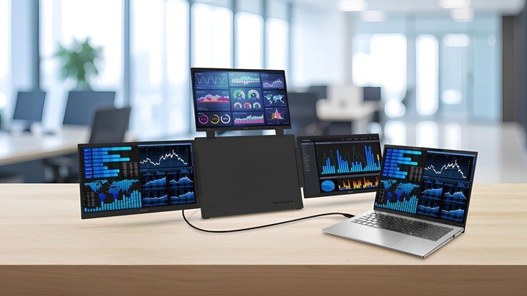 Resimde, ekran genişletme modunda bir dizüstü bilgisayarla eşleştirilmiş Acer PD163Q taşınabilir monitör gösterilmektedir.